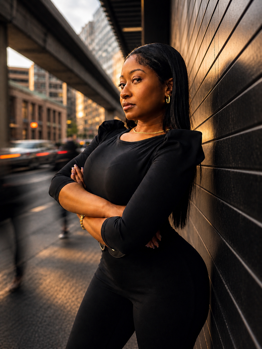 Woman wearing Poohwear leaning against a wall in an urban setting