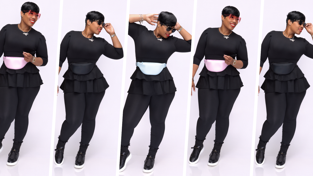 Stylish woman wearing an athletic outfit, Pooh Wear Pouch, sunglasses, fanny pack, accessories